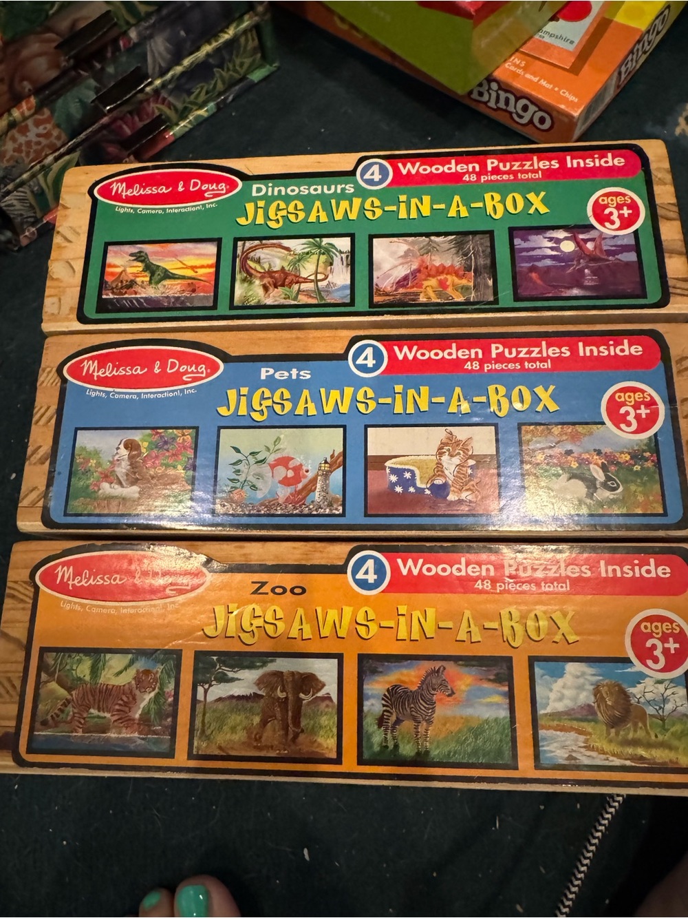 Melissa & Doug Kids Wooden Jigsaws-in-a-Box Puzzle Set - Blue/Green/Orange 3 box